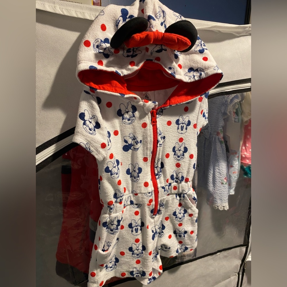 Disney Minnie Mouse Girls Half Way Zip-Up Romper/Cover-Up with Hood.